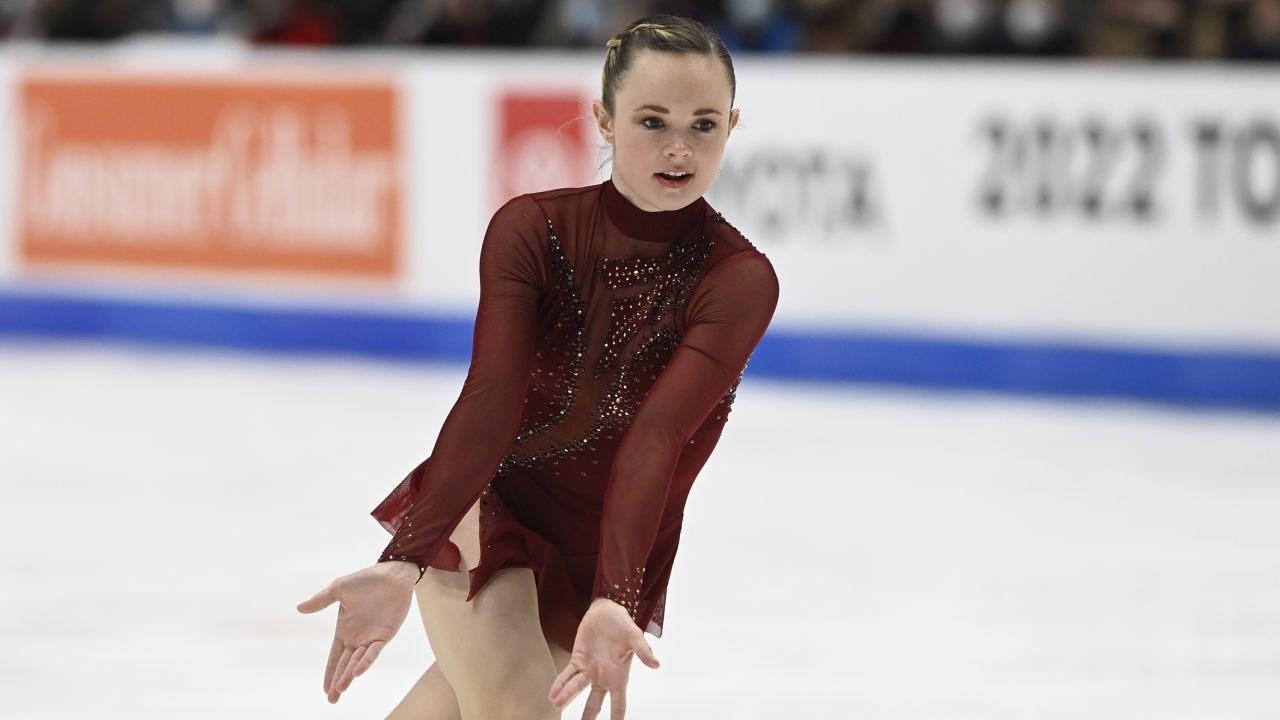 Mariah Bell competes in the women's free skate program during the U.S. Figure Skating Championships Friday, Jan. 7, 2022, in Nashville, Tenn. (AP Photo/Mark Zaleski)