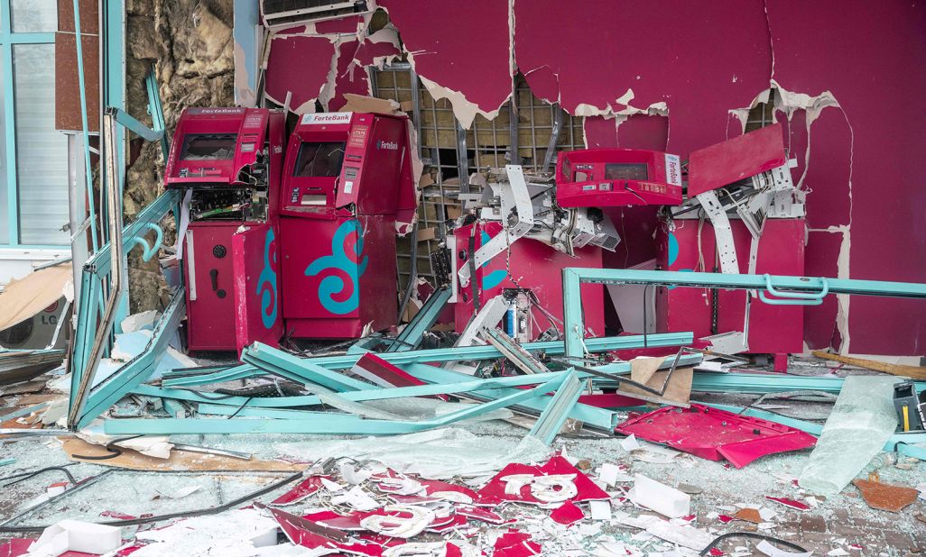 A bank in central Almaty is seen destroyed on January 8.