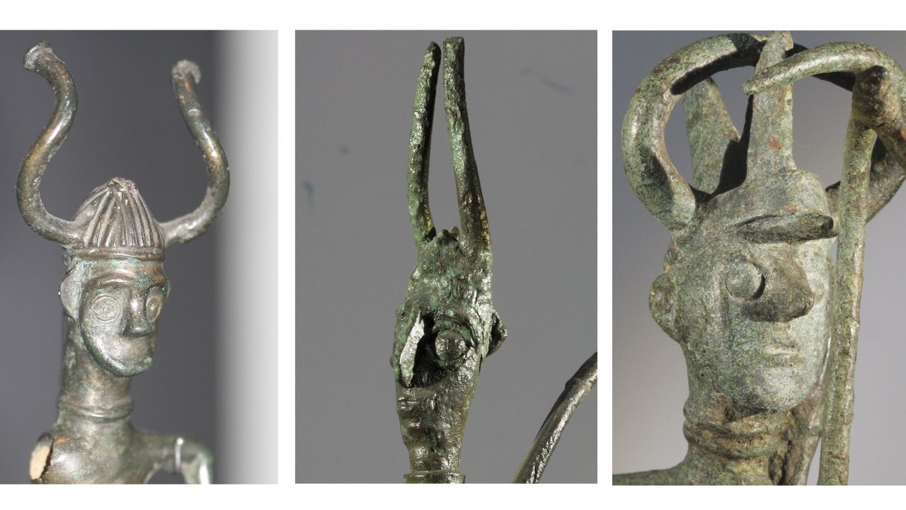 Left: figurine from Grevens Vænge, Denmark. Middle, right:  Sardinian bronze figurines. 