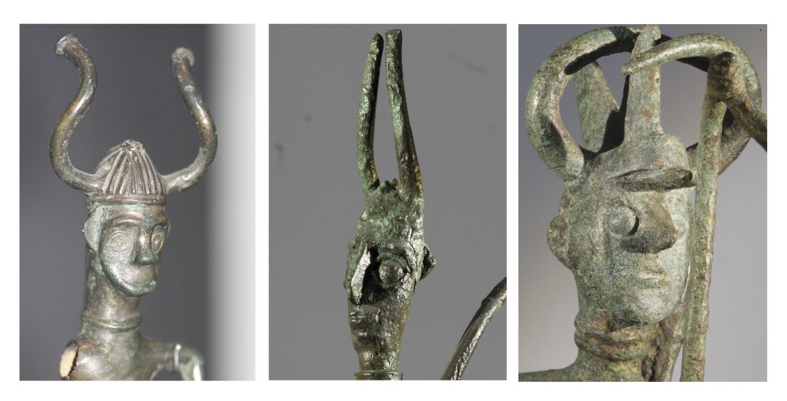 Left: figurine from Grevens Vænge, Denmark. Middle, right:  Sardinian bronze figurines. 