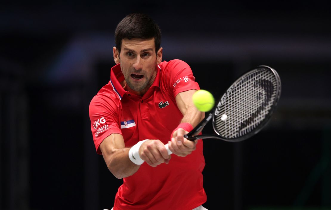 Novak Djokovic of Serbia plays a backhand shot during a Davis Cup match at OlympiaWorld on November 27, 2021 in Innsbruck, Austria.