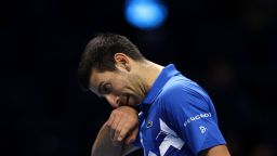 LONDON, ENGLAND - NOVEMBER 21:  Novak Djokovic of Serbia looks dejected during his singles semi final match against Dominic Thiem of Austria during day seven of the Nitto ATP World Tour Finals at The O2 Arena on November 21, 2020 in London, England. (Photo by Clive Brunskill/Getty Images)