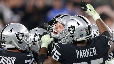 Las Vegas Raiders kicker Daniel Carlson celebrates after kicking the game-winning field goal against the Los Angeles Chargers.