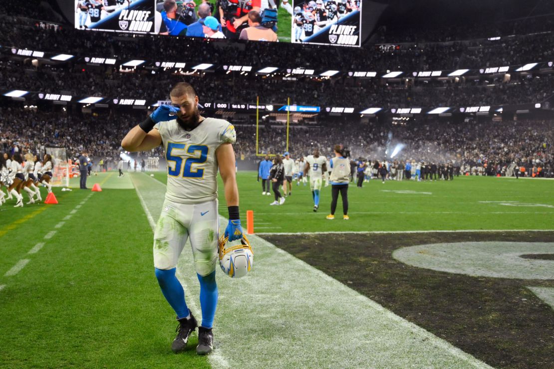 Los Angeles Chargers inside linebacker Kyler Fackrell walks off the field after the Chargers lost to the Raiders.