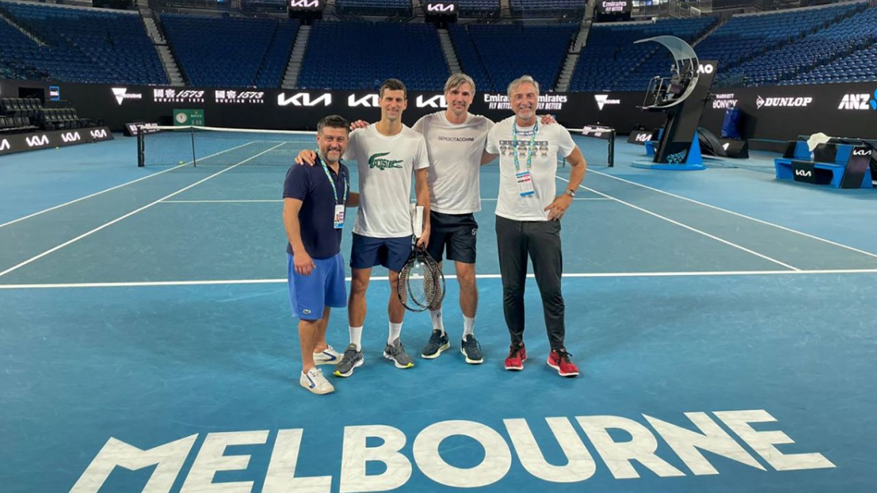 Novak Djokovic posted a photo of himself with his team on the court in Melbourne after being freed from detention. 
