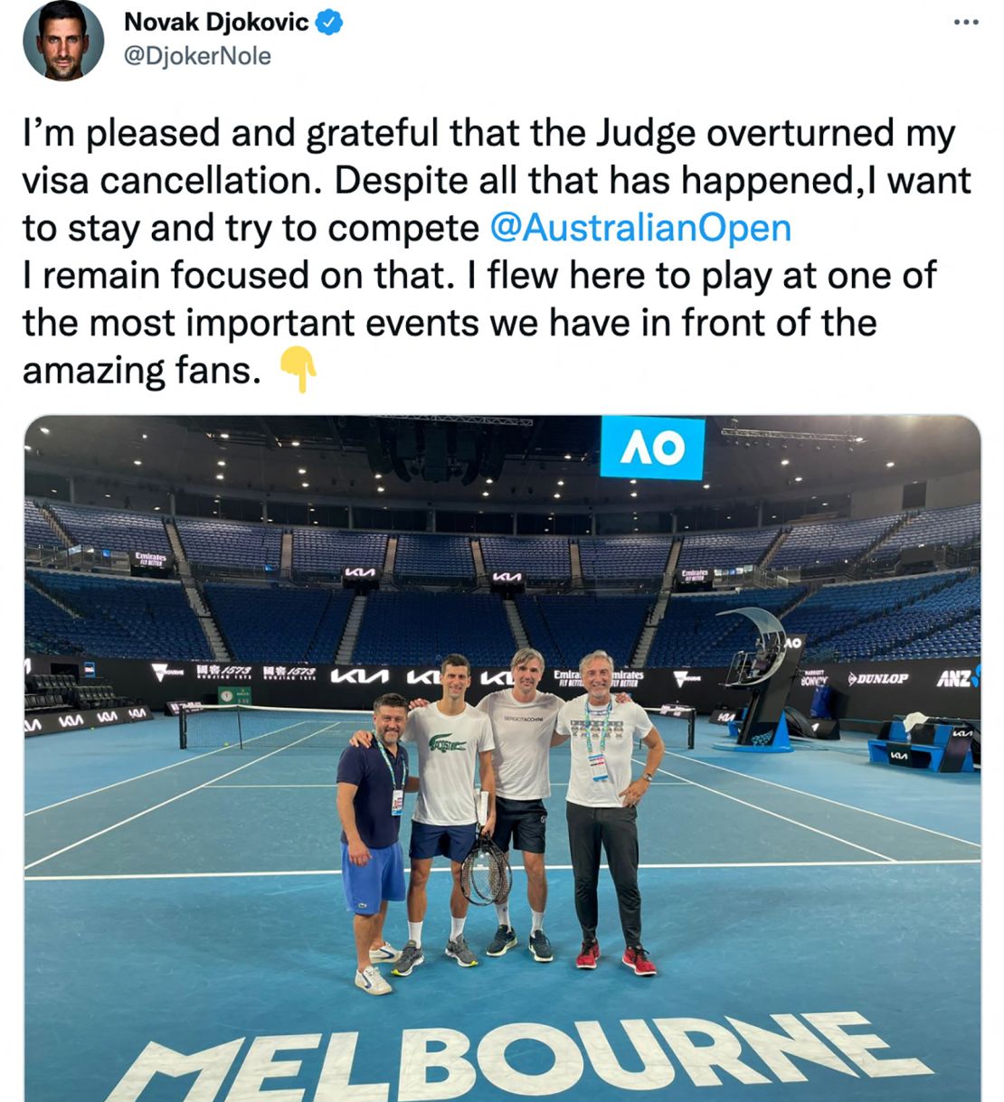 Novak Djokovic posted a photo of himself with his team on the court in Melbourne after being freed from detention. 