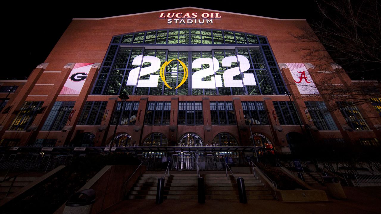 January 10, 2022: Lucas Oil Stadium is ready for the NCAA College Football Playoff National Championship game between the Georgia Bulldogs and the Alabama Crimson Tide at Lucas Oil Stadium in Indianapolis, IN. Darren Lee/CSM(Credit Image: © Darren Lee/CSM via ZUMA Wire) (Cal Sport Media via AP Images)