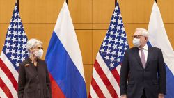 US Deputy Secretary of State Wendy Sherman (L) and Russian deputy Foreign Minister Sergei Ryabkov (R) pose for pictures as they attend security talks on soaring tensions over Ukraine, at the US permanent Mission, in Geneva, on January 10, 2022. - A top Russian official said he had a "difficult" conversation with his US counterpart on January 9, 2022 as preliminary talks on Ukraine got under way amid fears of a Russian invasion of its pro-Western neighbor. "The conversation was difficult, it couldn't have been easy," Russian Deputy Foreign Minister Sergei Ryabkov was quoted as saying by the Interfax news agency after meeting US Deputy Secretary of State Wendy Sherman during a working dinner in Geneva. (Photo by DENIS BALIBOUSE / POOL / AFP) (Photo by DENIS BALIBOUSE/POOL/AFP via Getty Images)