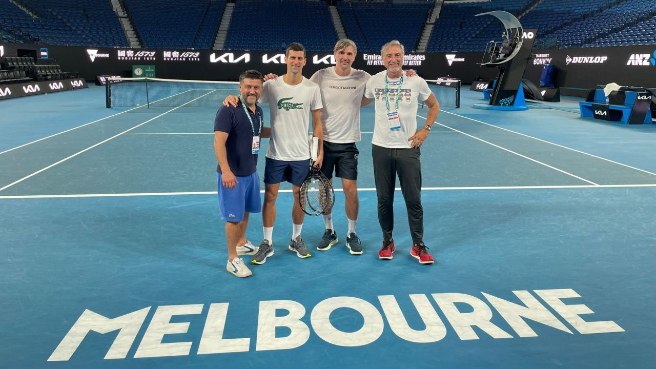 A photo tweeted by Novak Djokovic, second left, apparently from a Melbourne court.