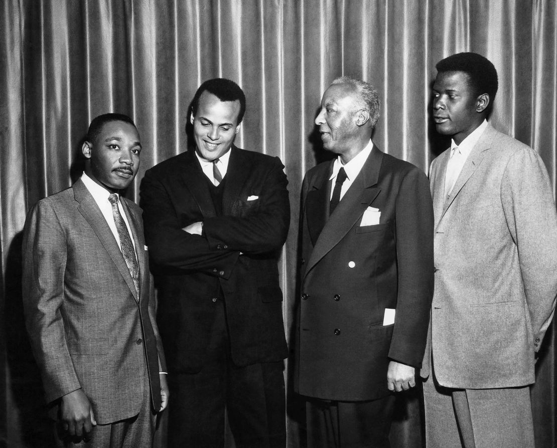 Martin Luther King, Jr., Harry Belafonte, Asa Philip Randolph, Sidney Poitier, circa 1960. (Photo by: Universal History Archive/Universal Images Group via Getty Images)