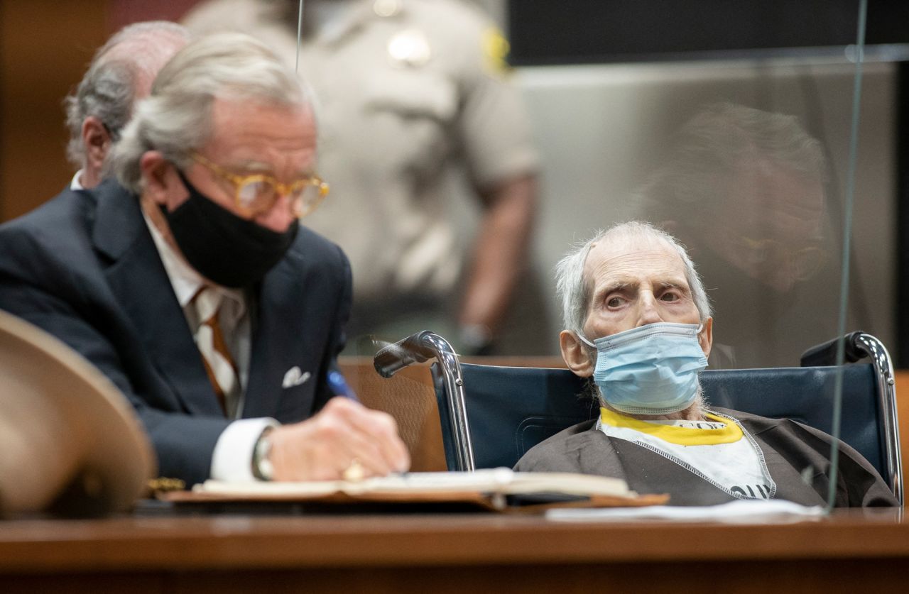 Durst sits next to defense attorney Dick DeGuerin in October 2021 as he is sentenced to life without parole for the killing of Susan Berman.