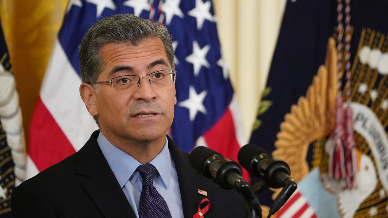 Health and Human Services Secretary Xavier Becerra speaks during a World AIDS Day commemoration in the East Room of the White House in Washington, DC on December 1, 2021. (Photo by MANDEL NGAN / AFP) (Photo by MANDEL NGAN/AFP via Getty Images)