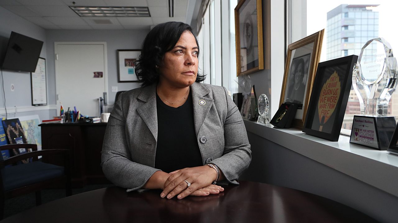 Then-Suffolk District Attorney Rachael Rollins poses in her office in Boston on August 19, 2021. 