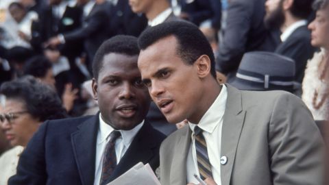 Please contact your Account Representative for licensing use on merchandise and/or resale products; fine art prints, wall décor, gallery, nonprofit or museum displays.Mandatory Credit: Photo by Francis Miller/The LIFE Picture Collection/Shutterstock (12094600a)American Civil Rights activists actor Sidney Poitier (left) and singer Harry Belafonte talk together during the March on Washington for Jobs and Freedom, Washington DC, August 28, 1963.At The March On Washington For Jobs & Freedom, District of Columbia, USA - 28 Aug 1963