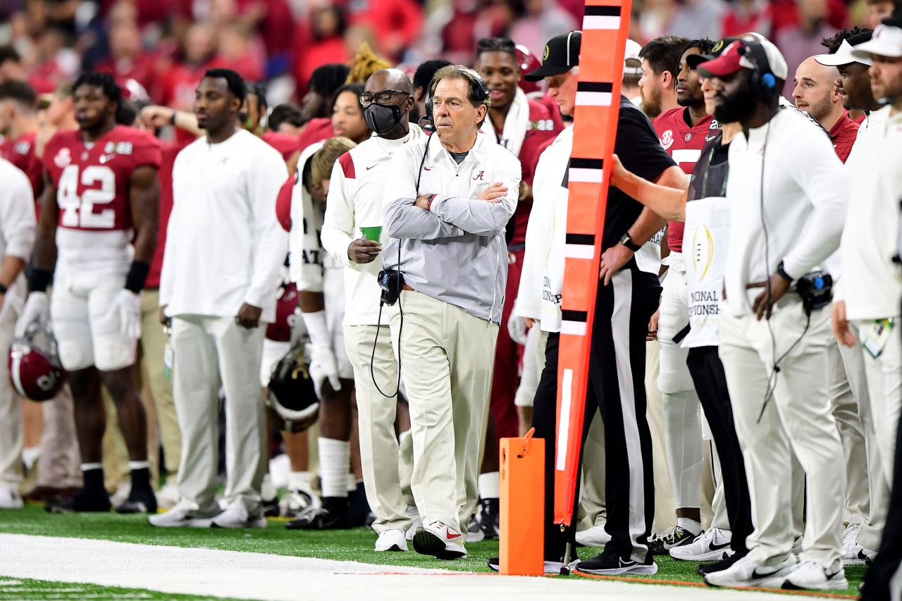 Saban watches the game in the first half.
