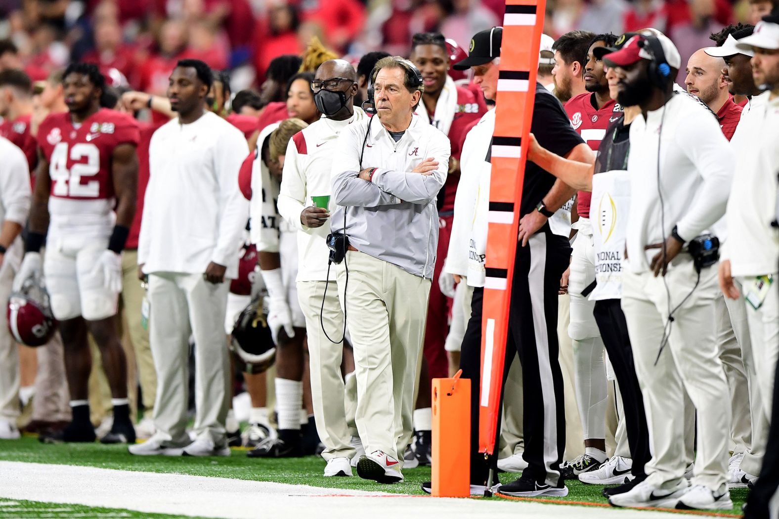 Saban watches the game in the first half.