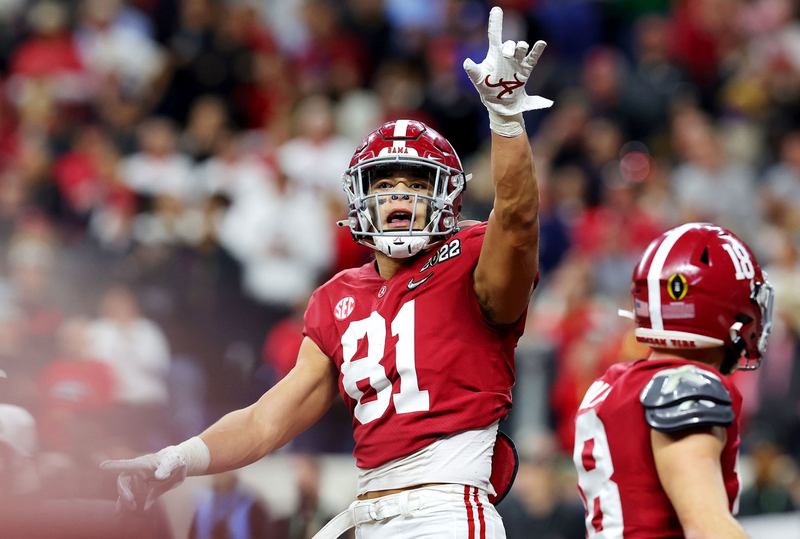 Alabama's Cameron Latu celebrates after his fourth-quarter touchdown catch gave the Crimson Tide a brief 18-13 lead.