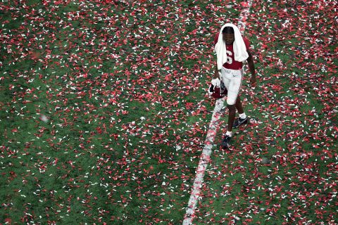 Alabama's Khyree Jackson walks off the field after the game.
