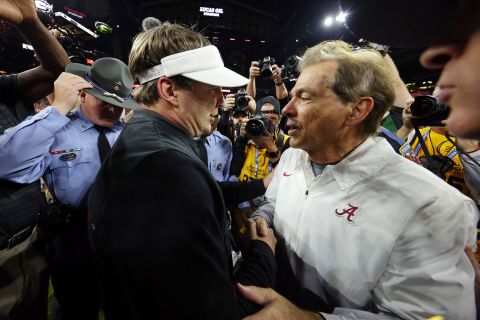 Smart shakes hands with Alabama head coach Nick Saban after the final whistle. Smart is a former Saban assistant who was 0-4 against him as a head coach.