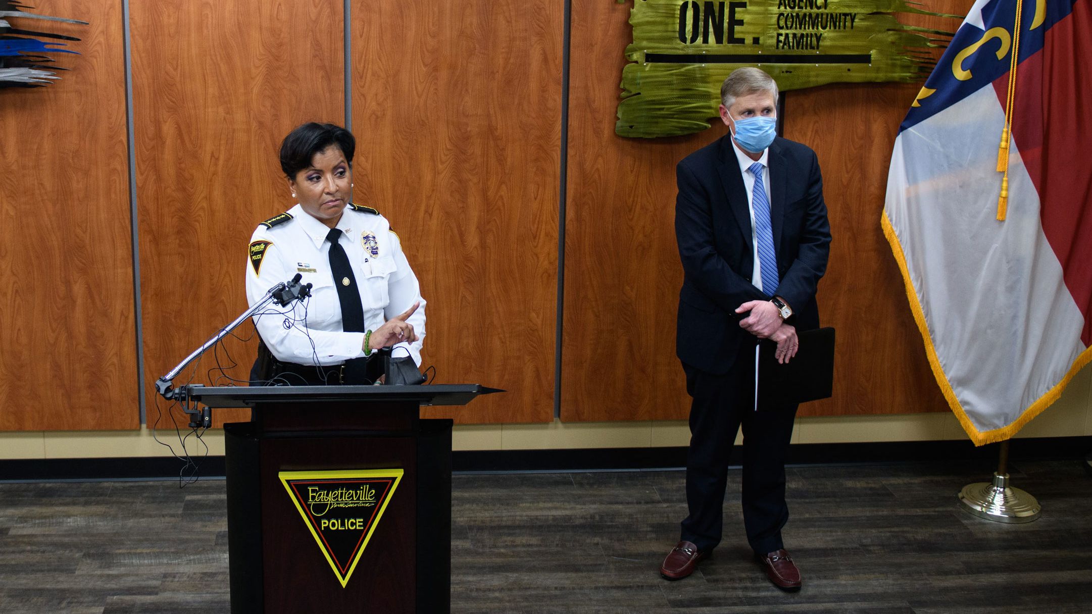 Fayetteville Police Chief Gina Hawkins (left) and Cumberland County District Attorney Billy West take questions about the shooting death of Jason Walker by an off-duty deputy with the Cumberland County Sheriff's Office.