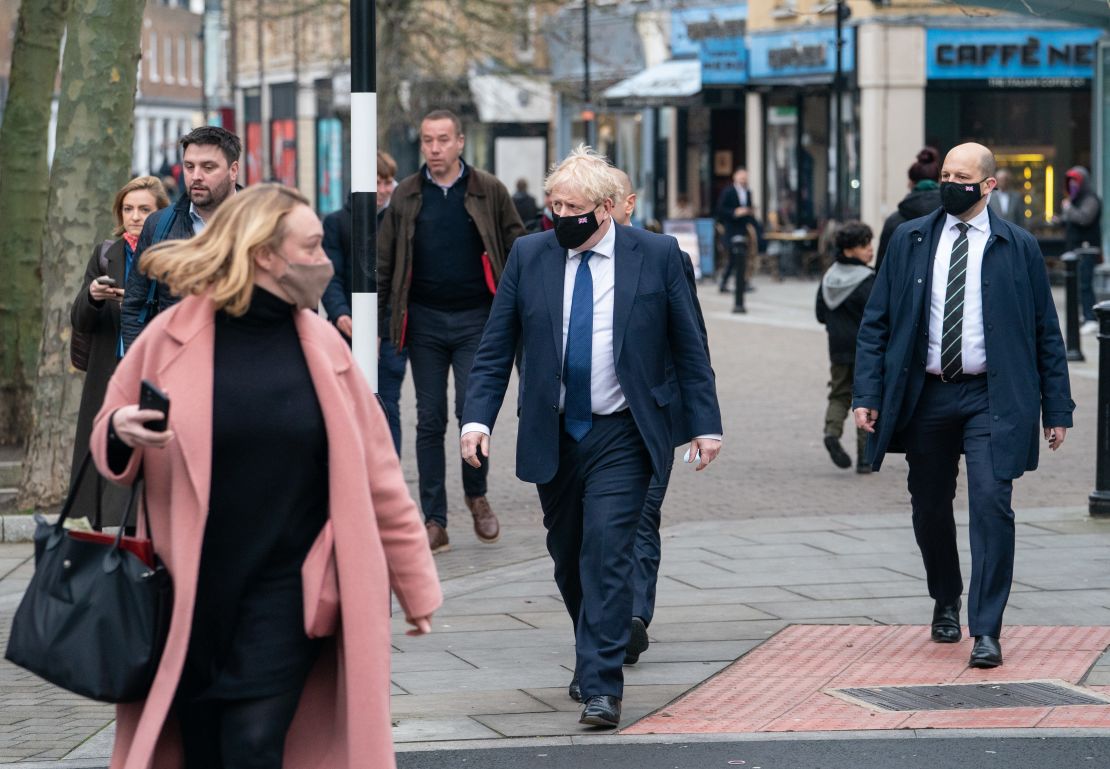 Prime Minister Boris Johnson in Uxbridge, west London, after a visit to a coronavirus vaccination clinic, on January 10, 2022.