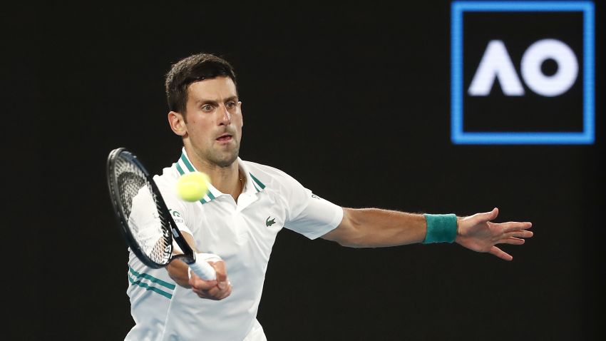 MELBOURNE, AUSTRALIA - FEBRUARY 21: Novak Djokovic of Serbia plays a forehand in his Men's Singles Final match against Daniil Medvedev of Russia during day 14 of the 2021 Australian Open at Melbourne Park on February 21, 2021 in Melbourne, Australia. (Photo by Daniel Pockett/Getty Images)