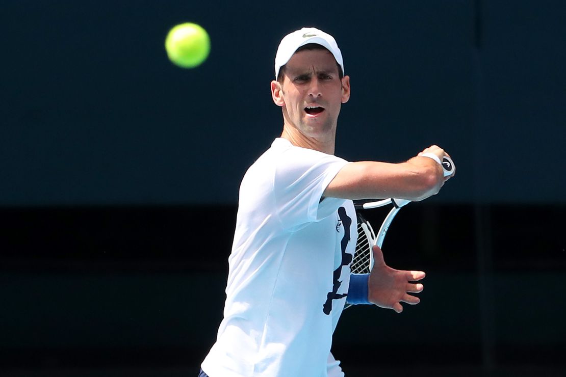 Novak Djokovic practices in Rod Laver Arena ahead of the 2022 Australian Open at Melbourne Park on January 11, 2022.
