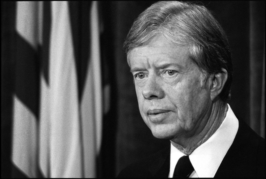 President Jimmy Carter  giving a speech on the economy and inflation in March 1980.