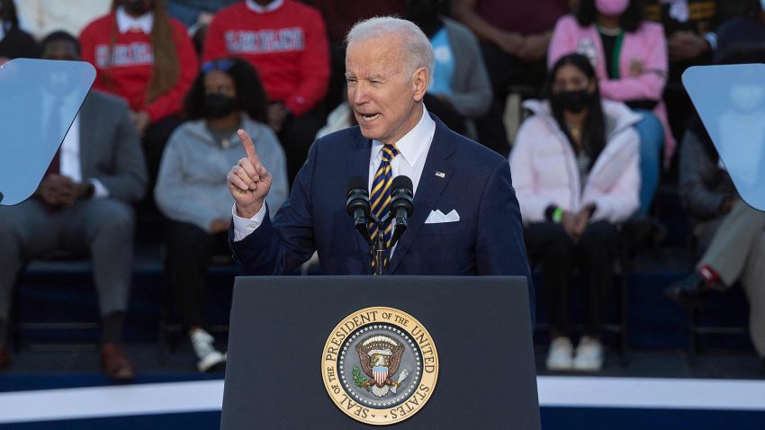 President Joe Biden speaks about the constitutional right to vote at the Atlanta University Center Consortium in Atlanta, Georgia on January 11, 2022. (Photo by Jim WATSON / AFP) (Photo by JIM WATSON/AFP via Getty Images)