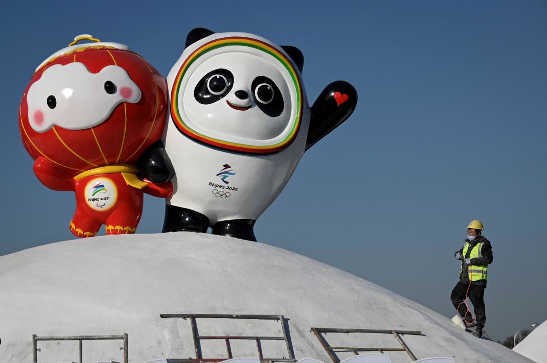 Shuey Rhon Rhon (left) and Bing Dwen Dwen (right) are installed in Beijing on January 11.