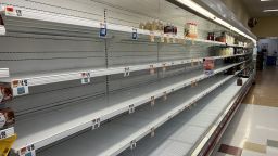 View of empty shelves at a local Giant supermarket as the omicron covid variant causes widespread supply chain delays resulting in empty shelves in many food markets on January 9, 2022 in Alexandria, Virginia. 