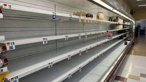 A view of empty shelves at a local Giant supermarket on January 9, 2022 in Alexandria, Virginia. 