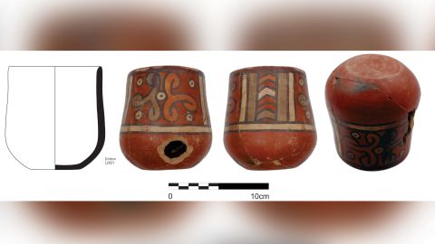 This Chakipampa-style cup from the Quilcapampa site may have been used to drink beer. It was shattered during the final feast.