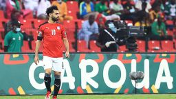 Egypt's forward Mohamed Salah reacts  during the Group D Africa Cup of Nations (CAN) 2021 football match between Nigeria and Egypt at Stade Roumde Adjia in Garoua on January 11, 2022. (Photo by Daniel BELOUMOU OLOMO / AFP) (Photo by DANIEL BELOUMOU OLOMO/AFP via Getty Images)