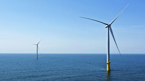 Wind turbines off the coast of Virginia Beach, Virginia, on June 29, 2020. 