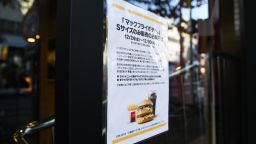 A signage outside a McDonald's restaurant, operated by McDonald's Holdings Co. Japan Ltd., in Tokyo, Japan, on Wednesday, Dec. 29, 2021. McDonalds Japan said Dec. 21 that it would only offer small sizes of french fries after flooding at a Vancouver port and the Covid-19 pandemic cut off key supplies for the staple menu item. The fast-food company has said it expects the issue to be resolved by New Years Eve. Photographer: Noriko Hayashi/Bloomberg via Getty Images