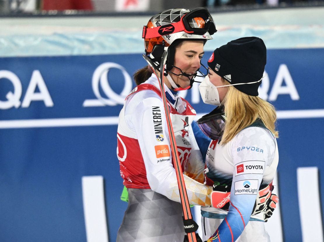 Slovakia's Petra Vlhova (L) congratulates Mikaela Shiffrin after her slalom victory.