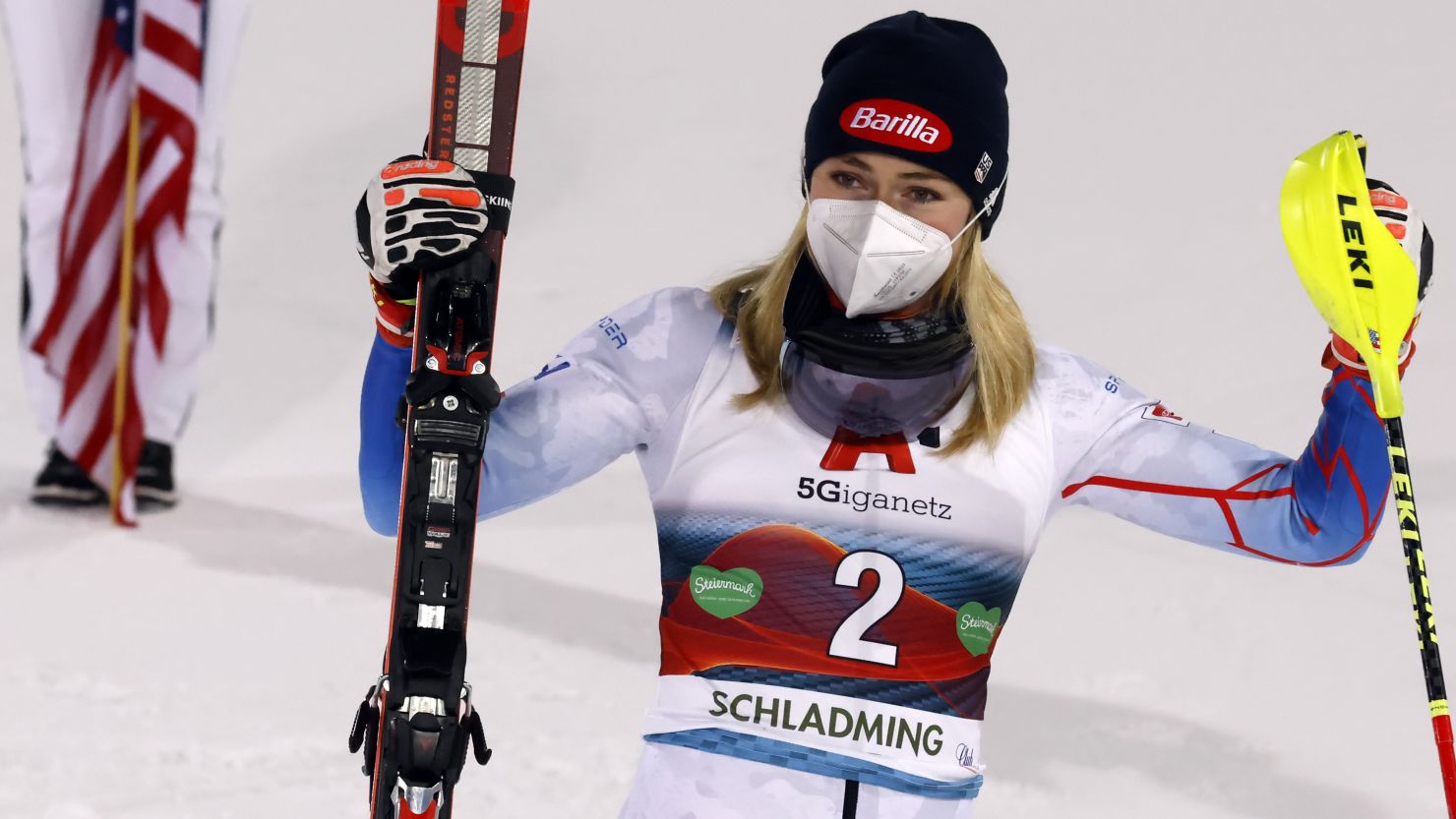 Mikaela Shiffrin celebrates after taking the slalom win in Schladming, Austria.
