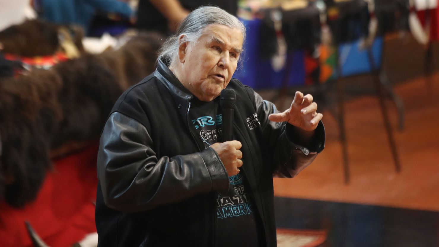 Clyde Bellecourt spoke during an all-night visitation for AIM co-founder Dennis Banks, at the American Indian Center in Minneapolis in 2017.