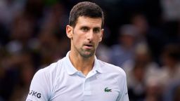 PARIS, FRANCE - NOVEMBER 07: Novak Djokovic of Serbia looks on during his singles match against Daniil Medvedev of Russia on Day Seven of the Rolex Paris Masters at AccorHotels Arena on November 07, 2021 in Paris, France. (Photo by Tnani Badreddine/Quality Sport Images/Getty Images)