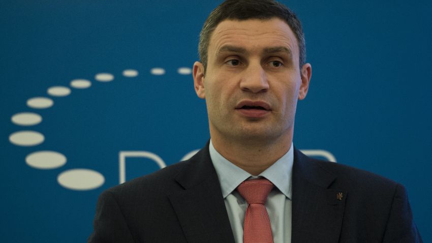 Mayor of the Ukrainian capital Kiev, Vitali Klitschko, addresses guests at a talk on the situation in Ukraine at the German Council on Foreign Relations (DGAP) in Berlin on January 30, 2015. AFP PHOTO / JOHN MACDOUGALL        (Photo credit should read JOHN MACDOUGALL/AFP via Getty Images)