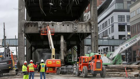 Workers dismantle Seattle's Alaskan Way Viaduct in 2019.