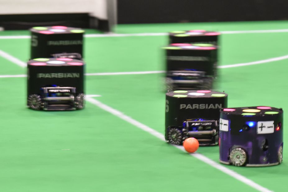 RoboCup's Small Size league features teams of six robots that must fit within a 180 mm diameter circle and must be no higher than 15 cm. The ultimate aim of the tournament is to advance the development of intelligent robots. 