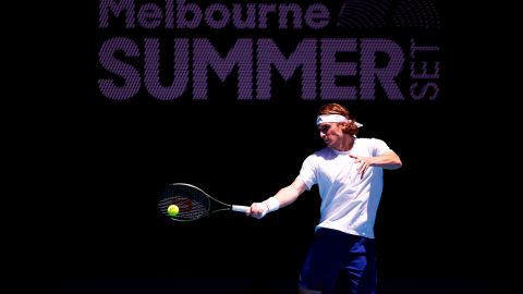 Tsitsipas plays a forehand in a practice session during day seven of the Melbourne Summer Events at Melbourne Park.