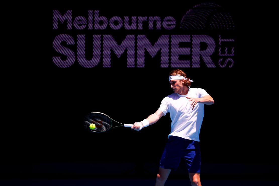 Tsitsipas plays a forehand in a practice session during day seven of the Melbourne Summer Events at Melbourne Park.