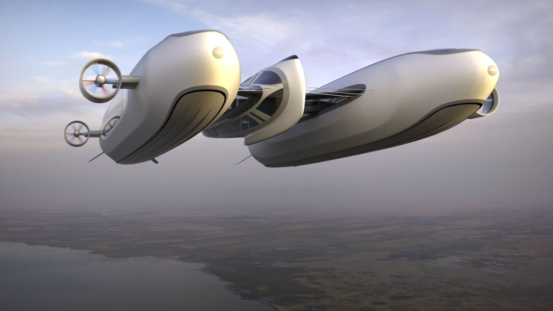 A rendeing of Air Yacht, a new concept from Lazzarini Design Studio that will "sail in the sky" as well as the sea.