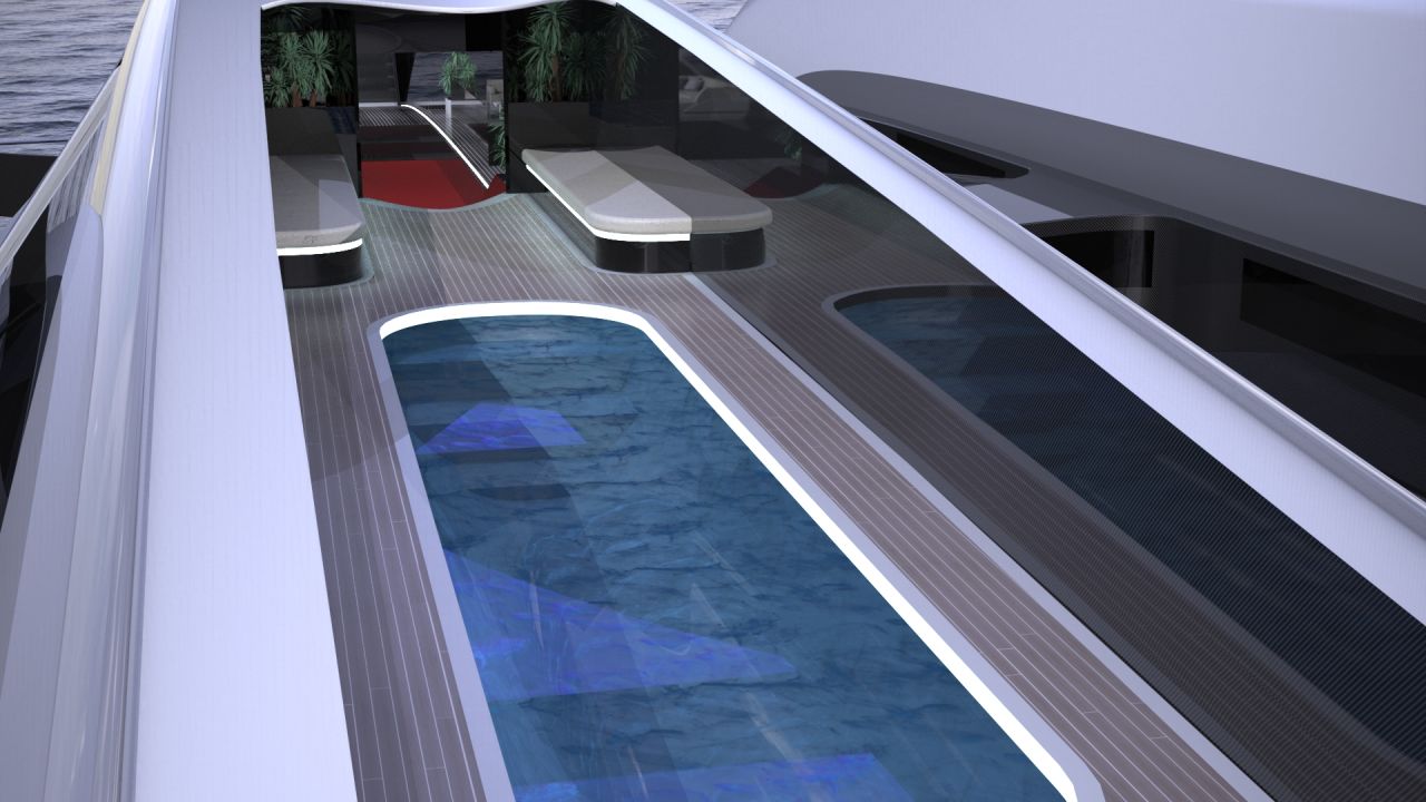 The central hull features a spacious living room and a swimming pool.