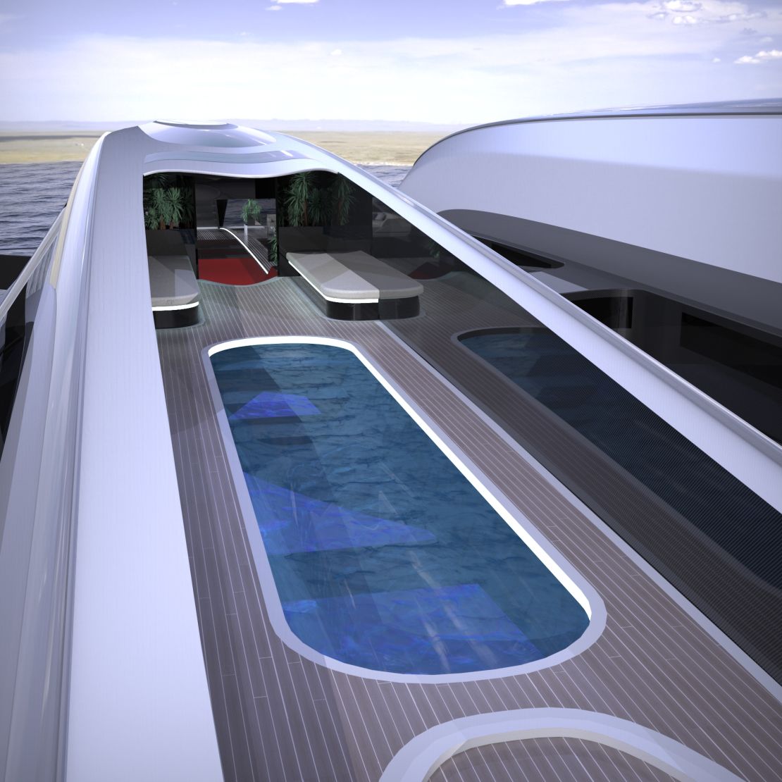 The central hull features a spacious living room and a swimming pool.