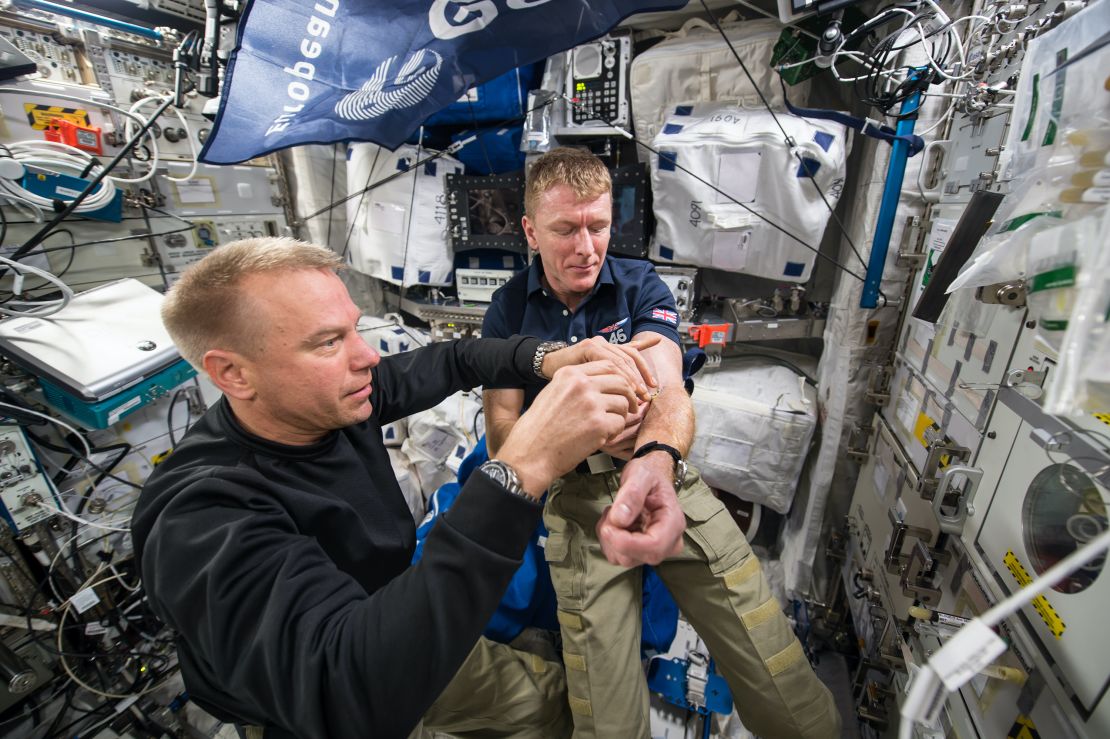 European Space Agency astronaut Tim Peake is shown after his first blood draw was completed in space. 