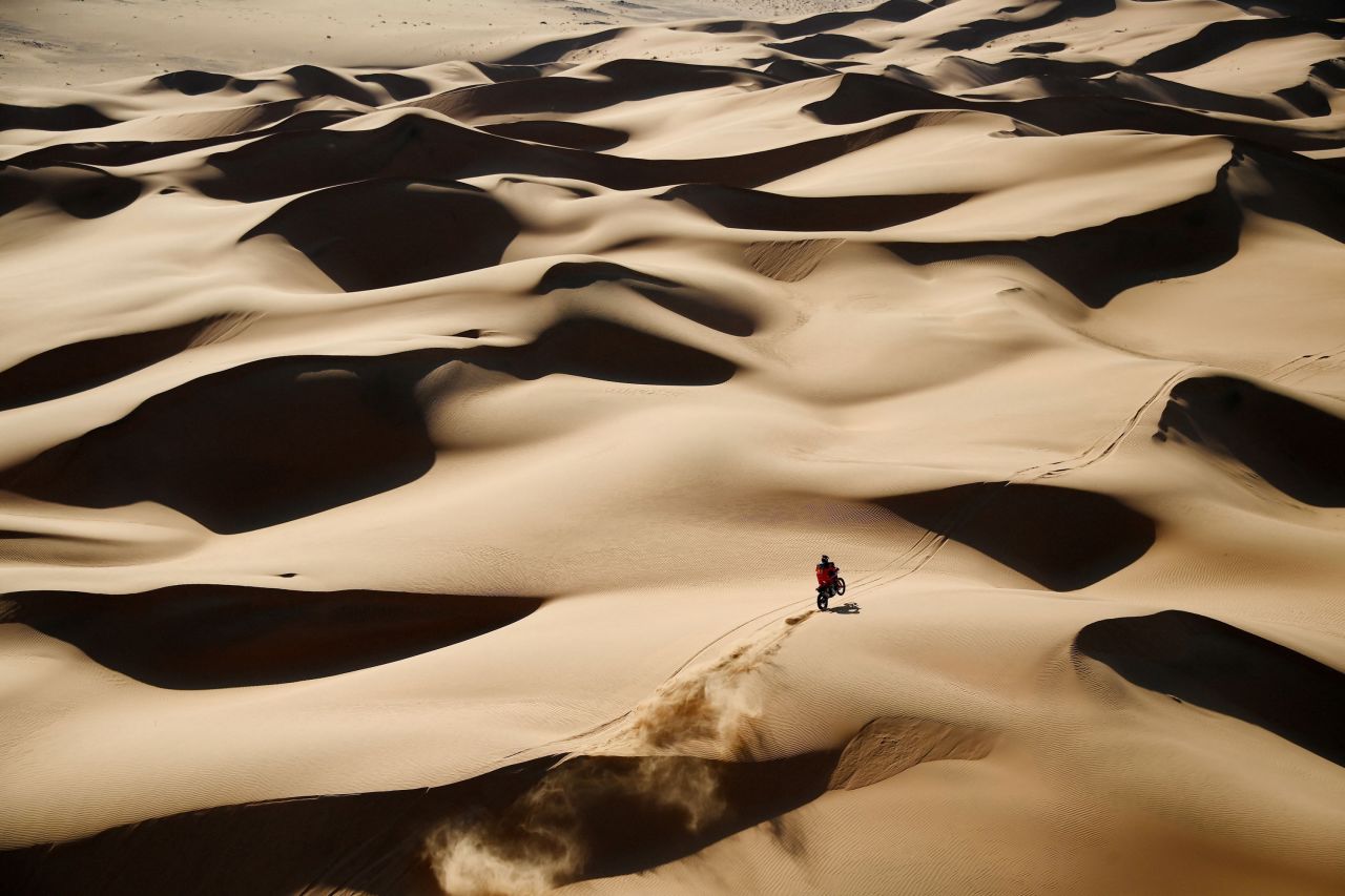 Ricky Brabec powers his bike through sand dunes in Saudi Arabia during the eighth stage of the Dakar Rally on Monday, January 10.